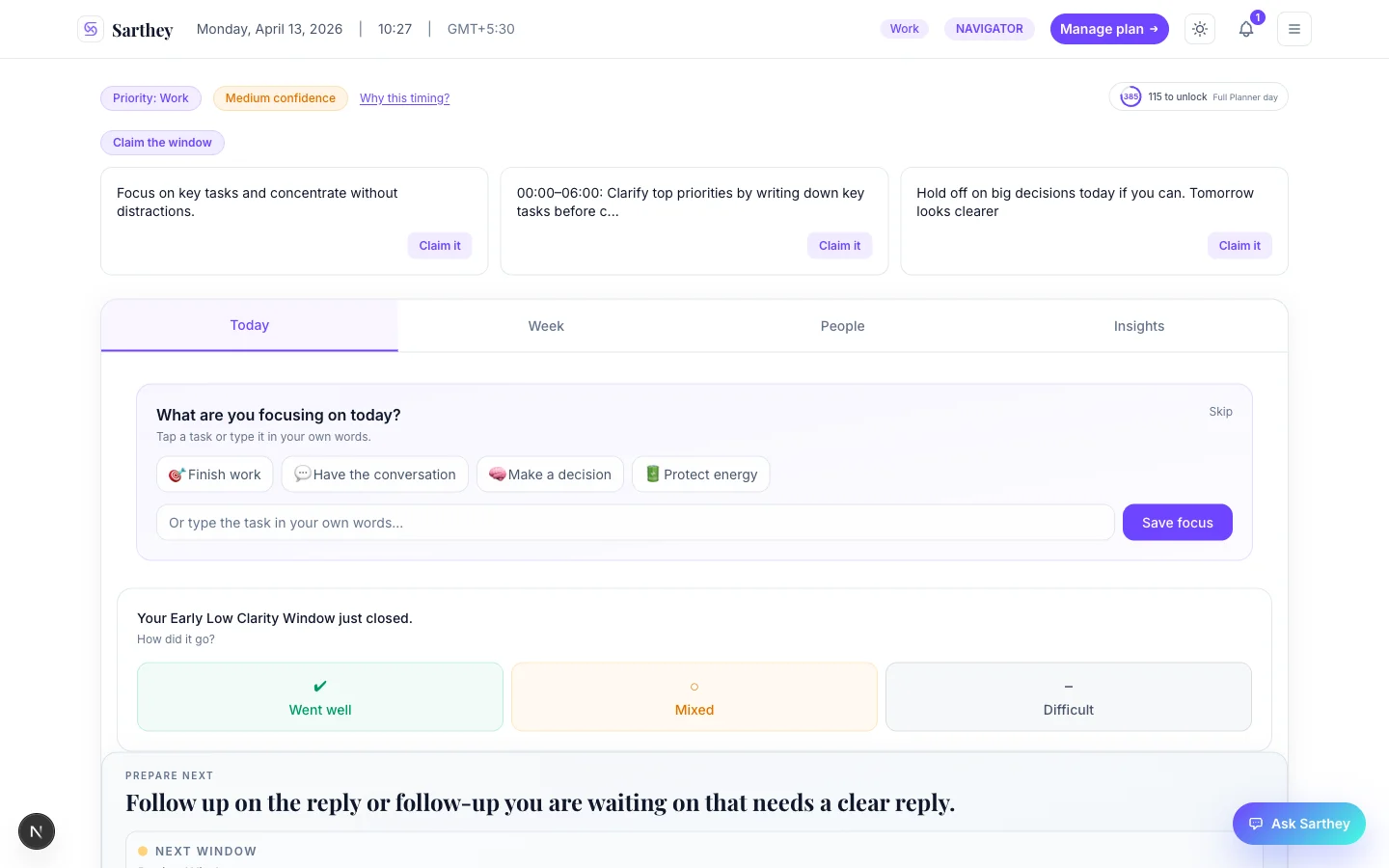 Dashboard overview with timing windows, daily challenges, and tab navigation